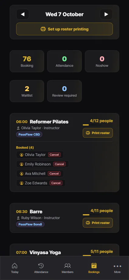 Class bookings · Actual app screen · sample data