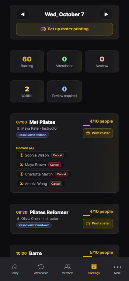Class bookings · Actual app screen · sample data