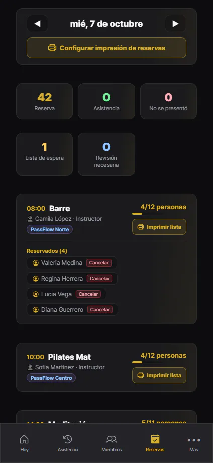 Reservas de clases · Pantalla real · datos de ejemplo