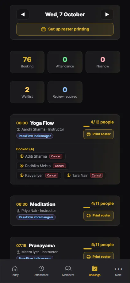 Class bookings · Actual app screen · sample data