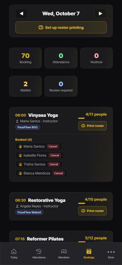 Class bookings · Actual app screen · sample data